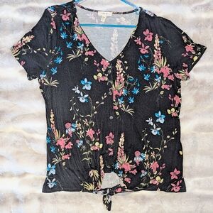 Como Blu Black Floral Tie Front Top Short Sleeve Button Front XL